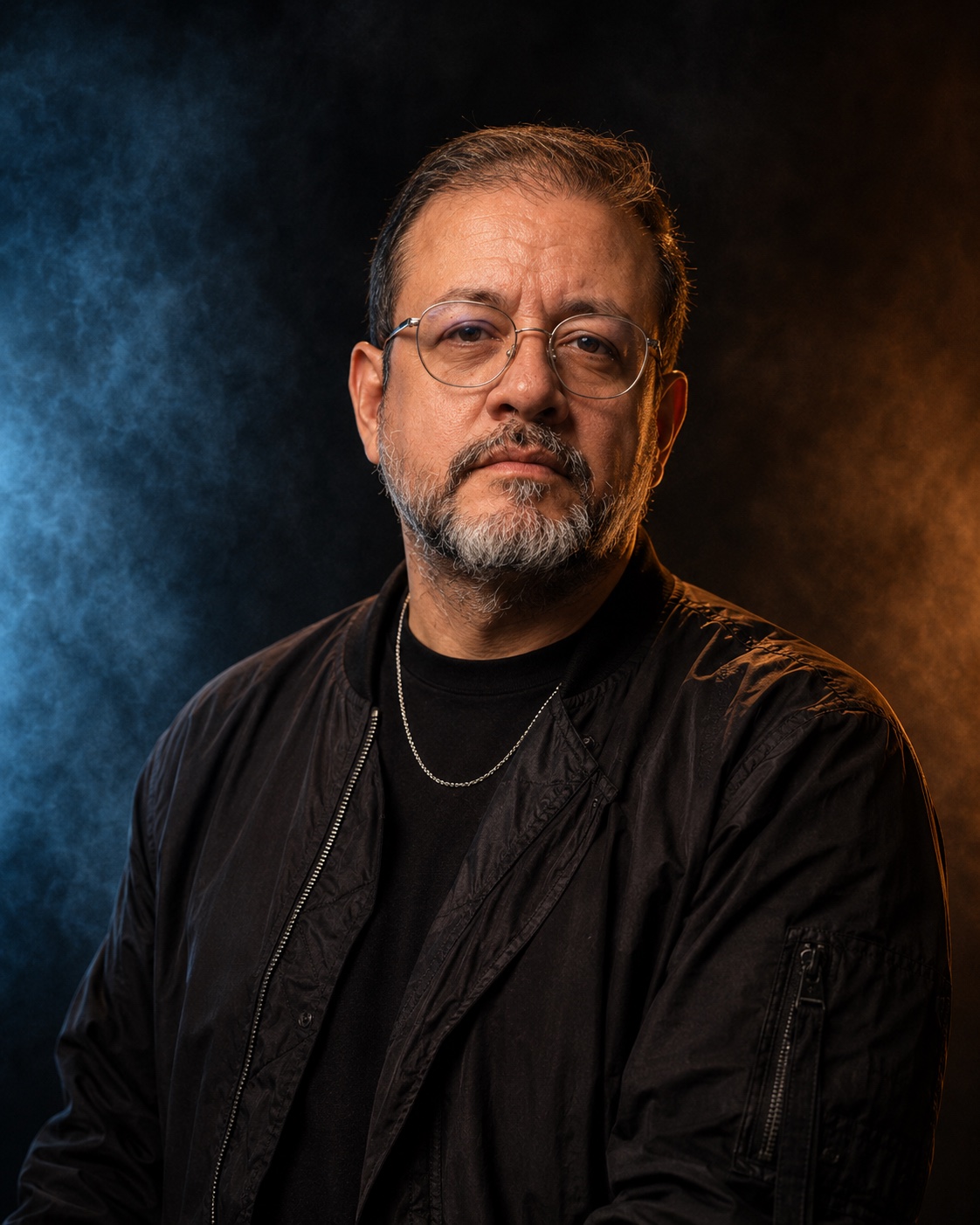 Retrato de ROHBO com jaqueta bomber sob luzes azul e laranja