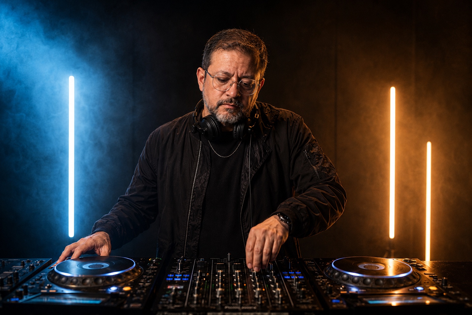 ROHBO mixando em controladora de DJ com luzes azul e laranja