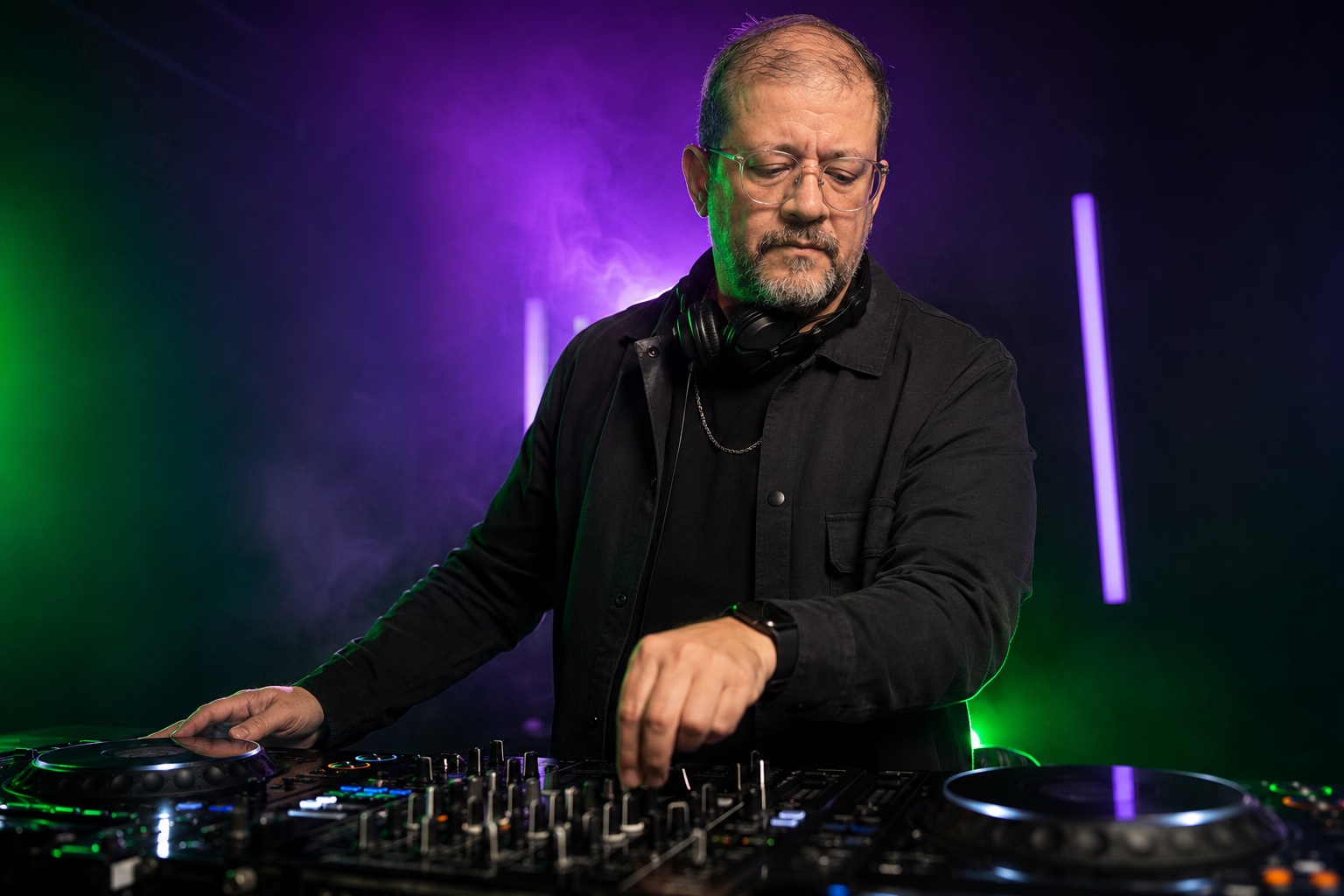 ROHBO mixando em controladora de DJ com luzes verde e roxa