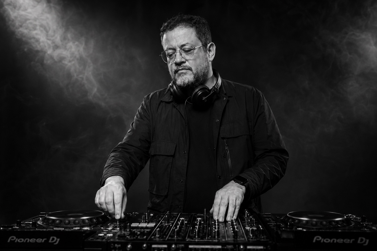 ROHBO olhando para baixo enquanto mixa em controladora de DJ em preto e branco