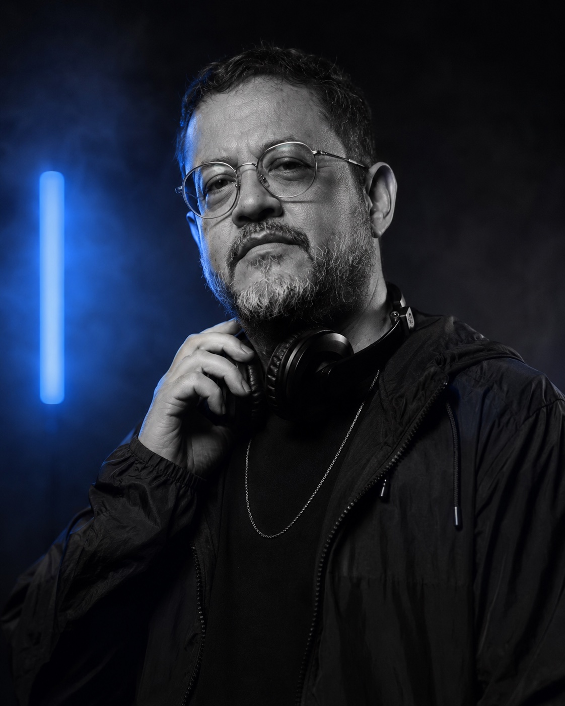 Retrato monocromático de ROHBO com fone no pescoço e luz azul